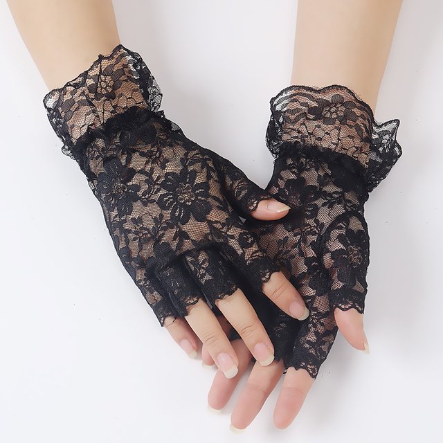 Women Summer Lace Half Finger Touch Screen Sunscreen Gloves, Breathable Half Finger Gloves for Cycling Driving E-bike Wedding Pa