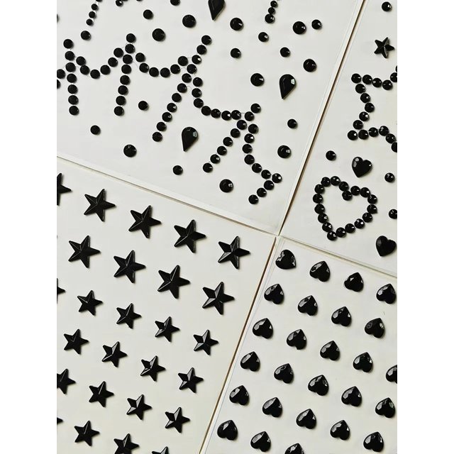 4 black diamond stickers, acrylic heart, pentagonal star, round, dark, secretly with adhesive backing, makeup, performance, face