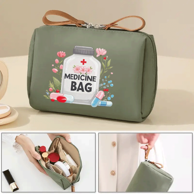 Women's Vintage Bag and Travel Organizer - Themed Makeup Case with Medicine Label Design, Black and White Cross Pattern - Compac