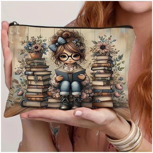 Whimsical Book Lover Design Cosmetic Bag , Durable Fabric Toiletry Pouch for women, Teachers, Friends