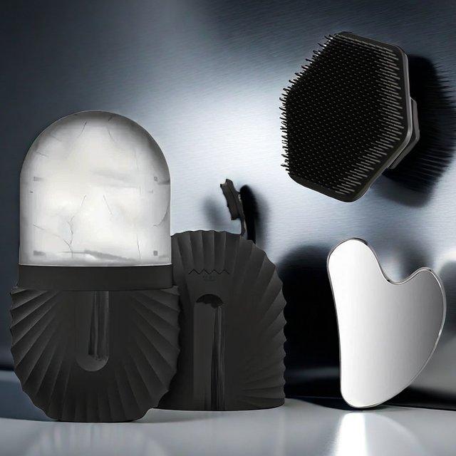 3pcs facial care and massage set, including ice face mask container, silicone facial cleansing massage brush, and stainle