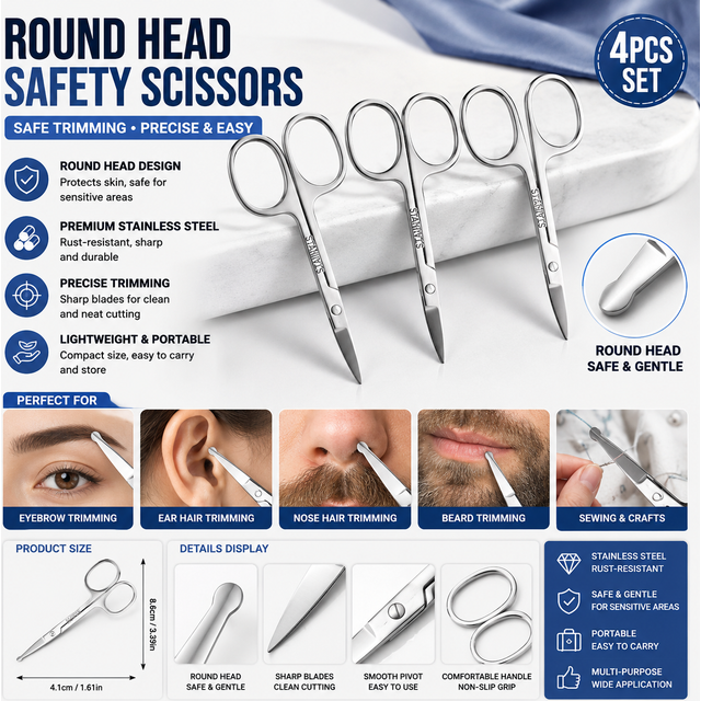 Rounded Tip Nose Hair Scissors Stainless Steel Facial Hair Beard Mustache Eyebrow Trimming Tool