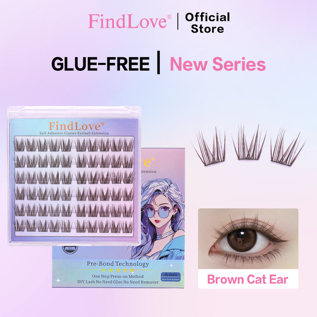 60Clusters Findlove PRE90-Brown Cat Ear Handmade No-glue Need DIY Self-adhesive Lashes Extension For Cosplay Party Makeup Girls