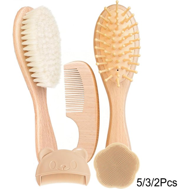 5/3/2 Pieces Baby Hair Brush Set, Wooden Baby Brush and Comb Set with Natural Soft Goat Hair Bristles, Cradle Cap Brush