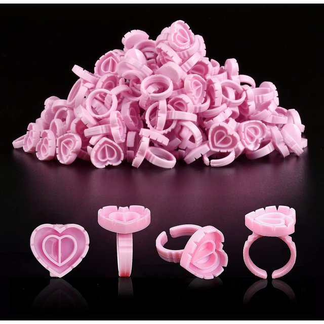 Glue Rings for Eyelash Extensions 100PCS Disposable Rings For Lashes Lovely Heart Shape, Makeup Plastic Nail Art Glue Cups Lash