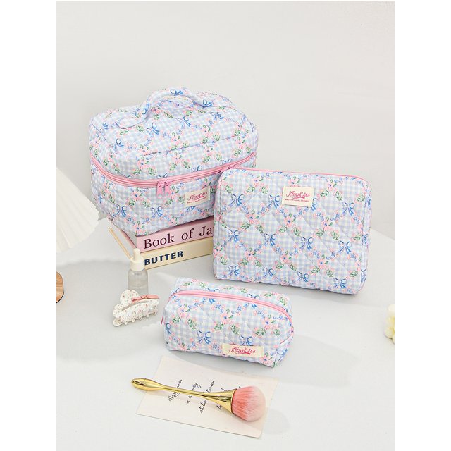 1pc/set blue checkered flower bow quilted makeup bag, bow makeup bag, zipper makeup bag, portable travel storage makeup bag