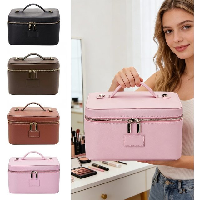 PU Leather Makeup Bag Large Capacity Waterproof Toiletry Bag Square Shape Removable Divider Camera Storage Bag for women & Men