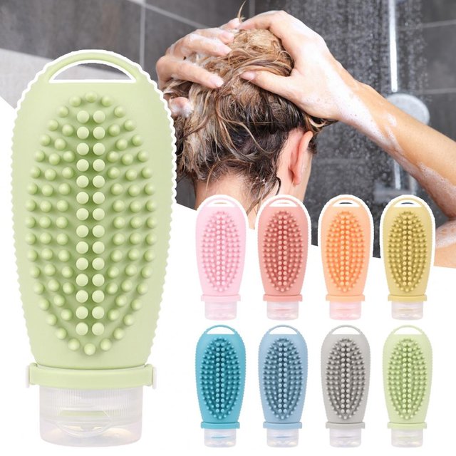 Portable silicone squeezable bottle packaging cosmetic fitness container set, scalp massager hair brush, Fillable shampoo