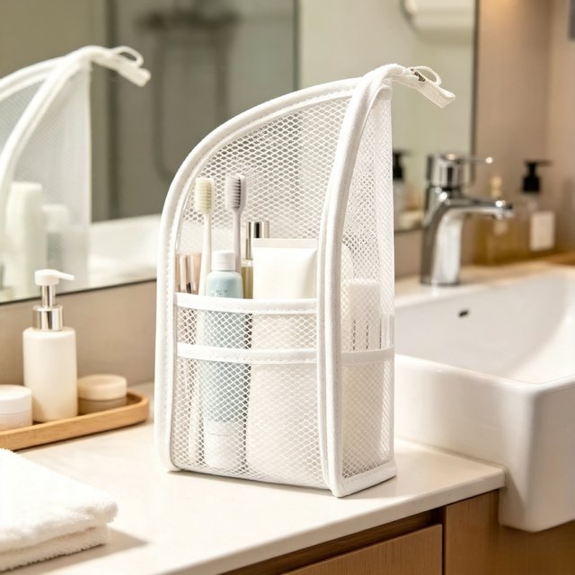Foldable Travel Makeup Bag with Toothbrush Holder-Large Capacity Waterproof Cosmetic Organizer, Hanging Mesh Pouch Storage Case