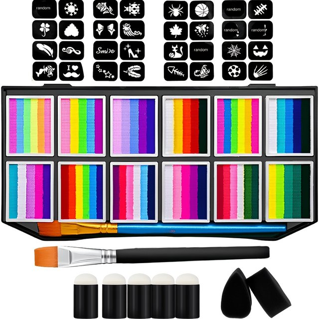 EYIR 65 Colors Face Body Paint Kit with 32 Stencils Makeup Palette DIY Body Art Set Halloween Festival Party Face Painting Tools