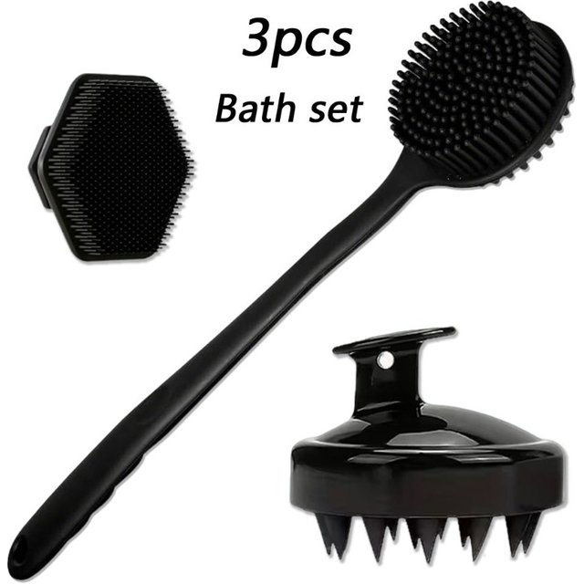 3pcs Long Handle Bath Brush Set for Shampoo and Scalp Massage Gentle Exfoliating Brush Suitable for All Skin Types
