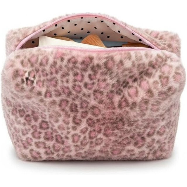 Durable Fuzzy Makeup Bag Large Capacity Leopard Print Toiletry Organizer Portable Cosmetic Bag Girls Travel Storage Pouch
