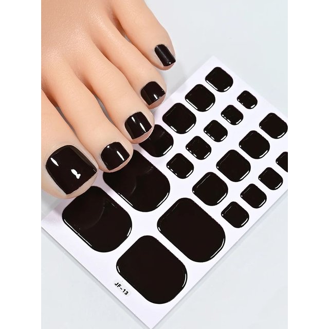 22Tips/Sheet Glossy Black Toe Nail Stickers European&American Style Solid Color Toenail Decals Full Cover Toenail Polish Strips