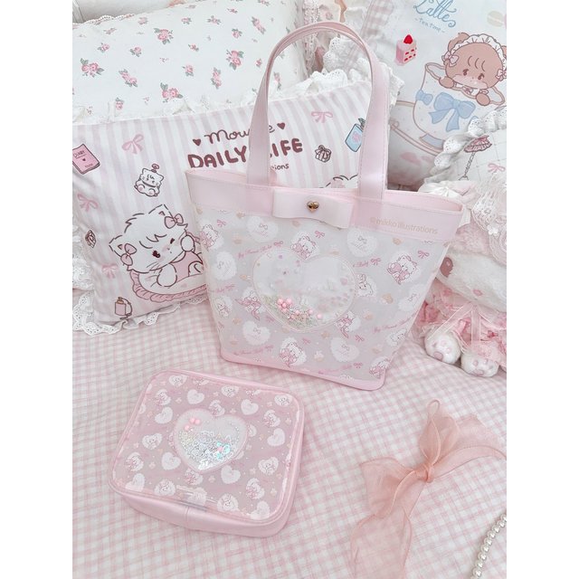 Sweet Cute Cartoon Love Jelly Bag Translucent Pvc Makeup Storage Bags Ladies Traveling Swimming Waterproof Hand Bag for women