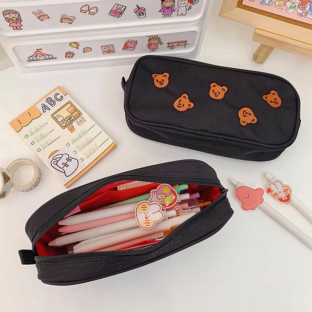 1Pc Kawaii Bear Embroidery Canvas Pencil Bag Pen Case Kids Gift Cosmetic Stationery Students Supplies