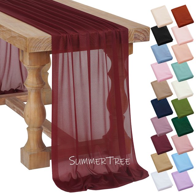 Chemin de table fluide en gaze transparente, style rustique bohème, bordeaux et rose blush, pour mariage, fête, baby shower, bridal shower, décoration de table à manger