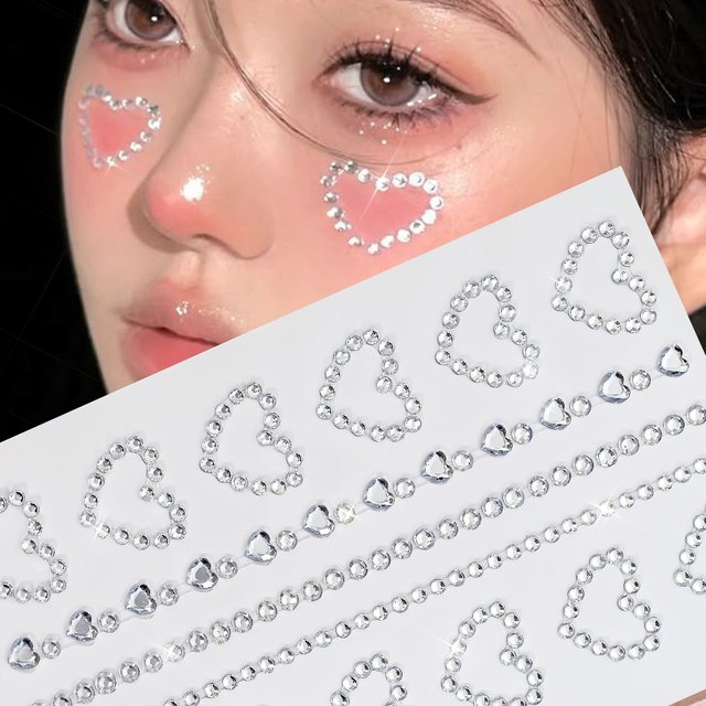 1Pcs 3D Sparkling Love-Heart Face Gem Tattoos Stickers Self-Adhesive Rhinestones Facial Tattoo for Party Body Makeup Jewel Decor