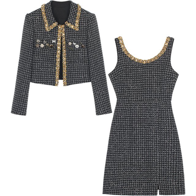 Ensemble deux pièces de luxe pour femmes, veste courte + robe à revers cranté perlé, petit parfum, costume français en Tweed, haute qualité