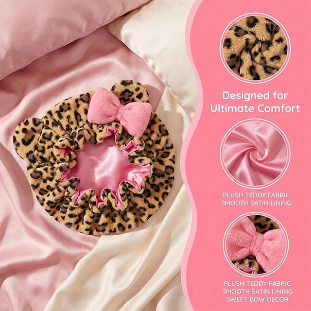 Leopard Print Plush Sleep Cap With Bow Adjustable Soft Fluffy Quick Dry Night Cap Prevent Hair Tangling For Hair Care Accessory