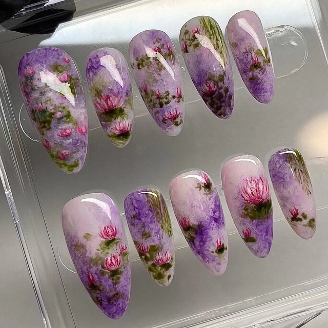 24 pièces été fleur de Lotus faux ongles violet Blush amande faux ongles pour les femmes portable couverture complète coréen doux presse sur les ongles