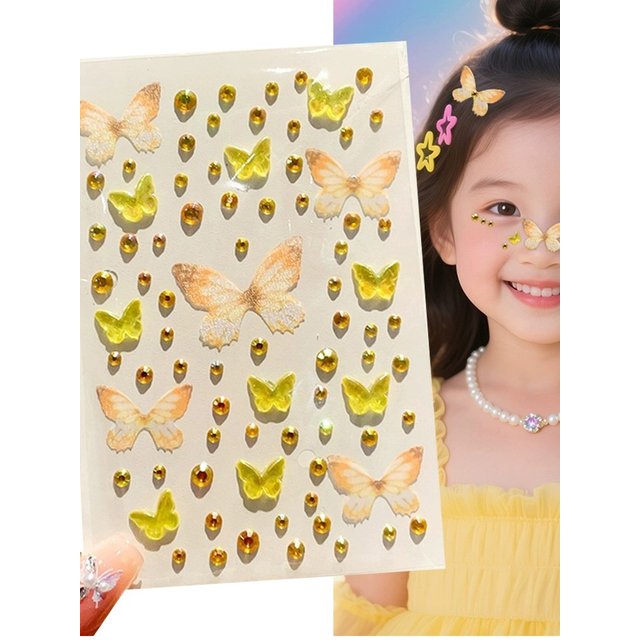 3D Bright Yellow Butterfly Rhinestone Face Tattoos Stickers Gradient Butterfly Self-Adhesive Sequin Decals for Makeup Body, Hair