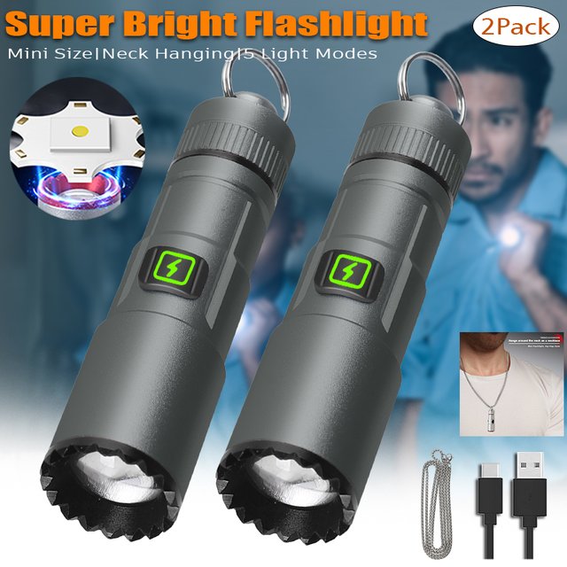 EDC – Mini lampe de poche porte-clés avec chaîne de cou, torche Rechargeable par USB, Portable,