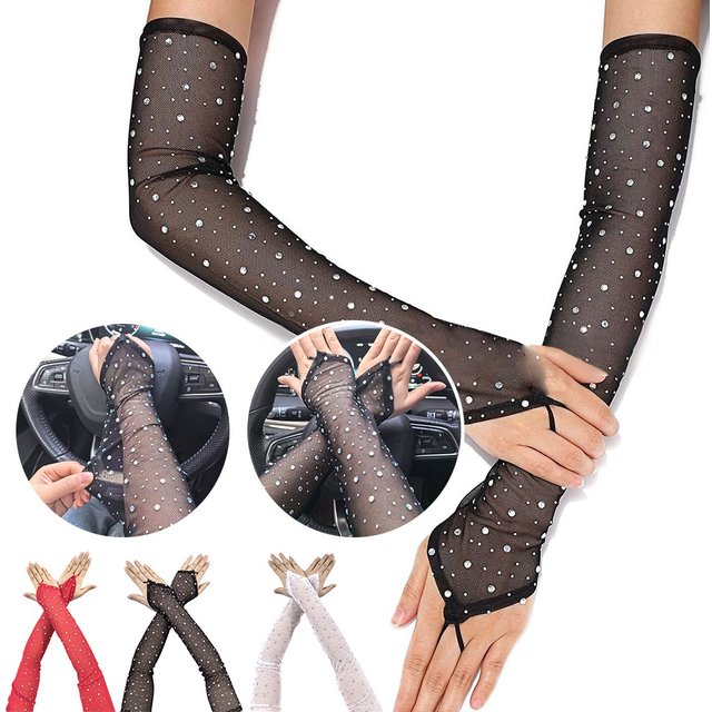1 Pair Shiny Rhinestone Mesh Gloves Hook Middle Finger Elasticity Sunscreen Arm Sleeves Breathable Fingerless Gloves Women