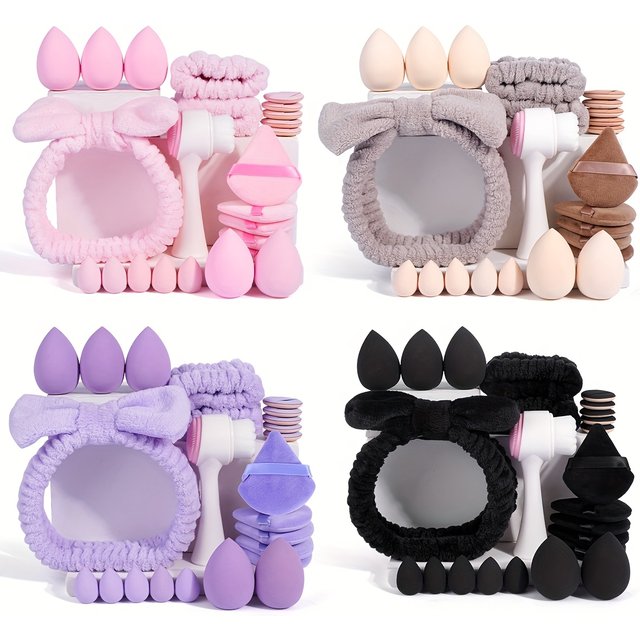 24PCS Vegan Makeup Kit - Hypoallergenic Brushes & Sponges with Travel Case, Pastel Beauty Set for Sensitive Skin (Gift Ready)