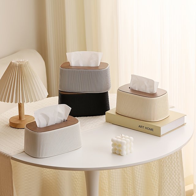 Cute Cream Tissue Box Cover with Auto Lift Spring,with Wooden Lid,Facial Tissue Dispenser for Bathroom, Bedroom, Living Room