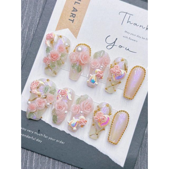 Blush Rose Dream Press on Nails Hand Sculpted 3D Resin Roses Holographic Accents Gold Beads Lightweight ABS Resin