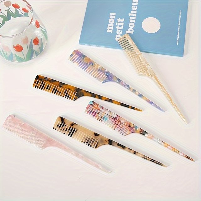 1pc Korean Style Acetate Comb, Girly Hairbrush Easy Retro Colorful Pattern Comb, Professional Salon Hair Styling Hair Comb
