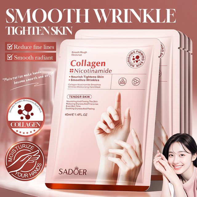 5 Pairs SADOER Collagen Nicotinamide Hand Mask Nourish Smooth Wrinkles Reduce Dryness Fine Lines Even Skin Tone Hand Care Gloves