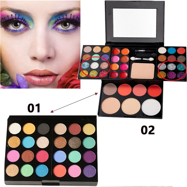 Mini Travel Size Makeup Palette Kit - Waterproof Eyeshadow Blush Pressed Powder Lipstick Set Women Korean Cosmetics COLOR:01