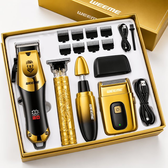 Professional Men Hair Clipper & Shaver Kit, USB Rechargeable Portable Electric Hair Trimmer Razor with LED Power Display, Groomi