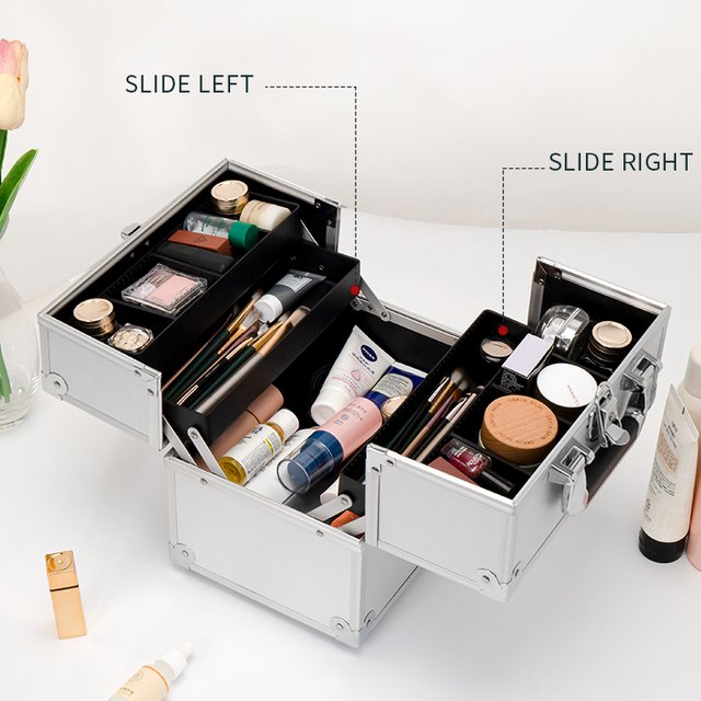 Aluminum Cosmetic Makeup Train Case Nails Polish Beauty Organizer Case Hairdressing Make Up Storage Box with Locks & Trays