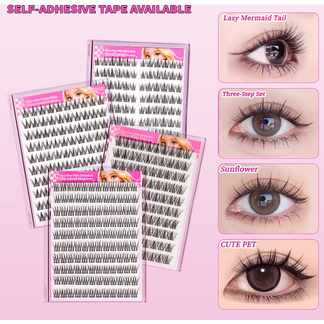 Clue-Free Cluster Lashes Doll Lash Clusters Thin Clear Band Layered Fluffy Wispy Tips Camera Ready for Sweet Girl Party Makeup