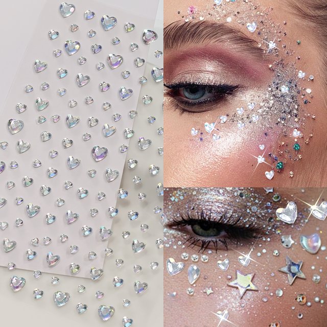 1Pcs 3D Dazzling Heart Face Rhinestone Sticker Self-Adhesive Crystal Diamond Tattoo Decal for Makeup DIY Crafts Hair Nails Jewel