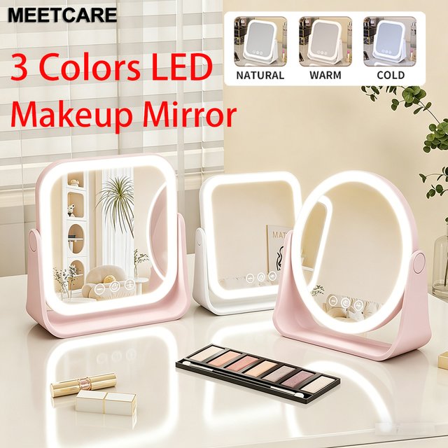 3 Colors LED Makeup Mirror Wireless Eversible Dimmable Touch Screen Cosmetic Mirrors Smart Rotatable Makeup Beauty Tabletop Tool