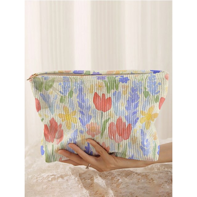 Watercolor colorful tulip lavender floral printed corduroy makeup bag, lightweight zipper pouch, multifunctional lined cosmetic
