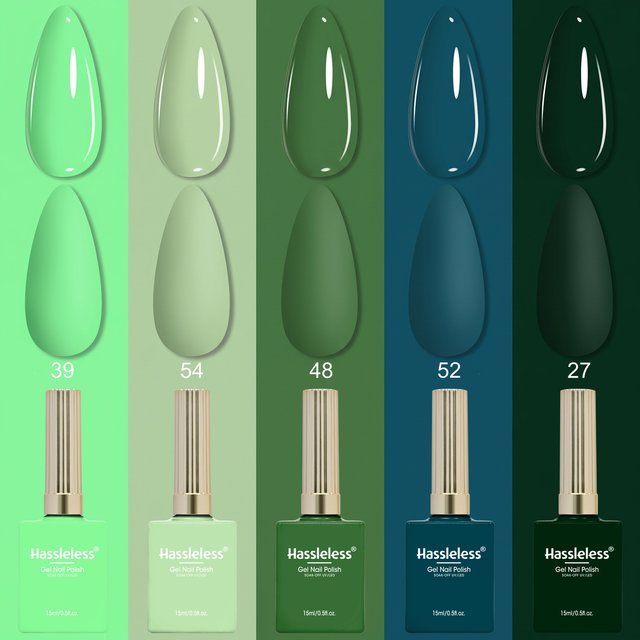 Hassleless 5Pcs Green Series Nail Polish Gel Set, Removable Nail Polish Gel, Versatile Styles, Designed for Beginners to Use at Home DIY