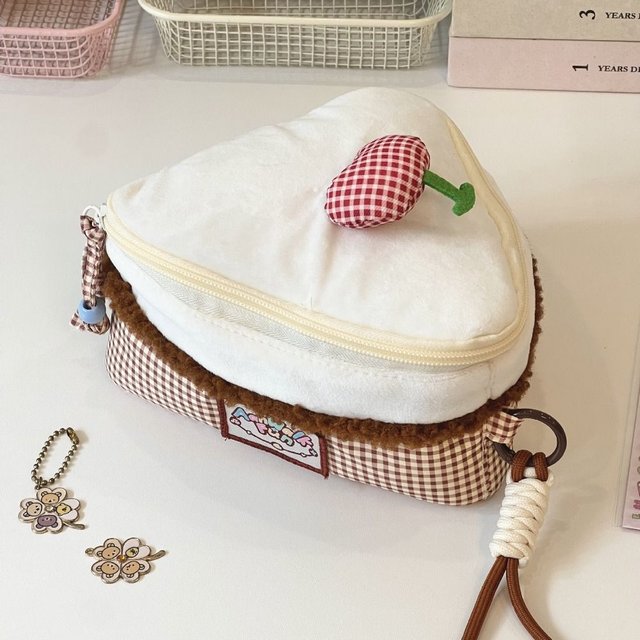 Kawaii Cherry Makeup Bag Large-capacity Triangular Cake Cosmetic Pouch Flip Design Camera Bag Women