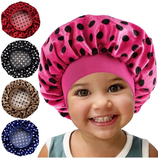 Dot Printed Velvet Children Nightcap Baby Haircare Stretch Hair Cap Kids Cooking Bonnet Hat Satin Silk Bonnet for Toddlers Sleep