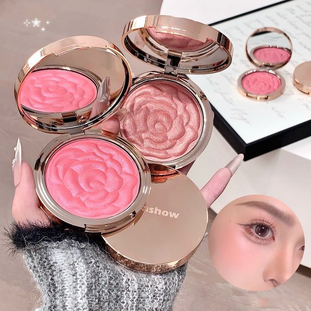 Kakashow Fard à joues rose gaufré scintillant multi-usage pour blush, illuminateur et fard à paupières, pigment naturel pour un maquillage d'ambiance