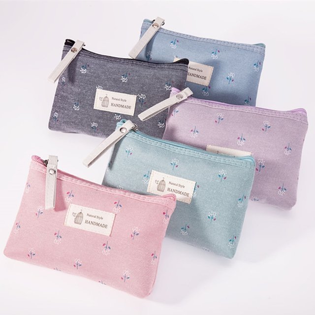 Japanese Korean Style Waterproof Canvas Cosmetic Bag Ins Floral Portable Girls Makeup Pouch Student Stationery Toiletry Bag