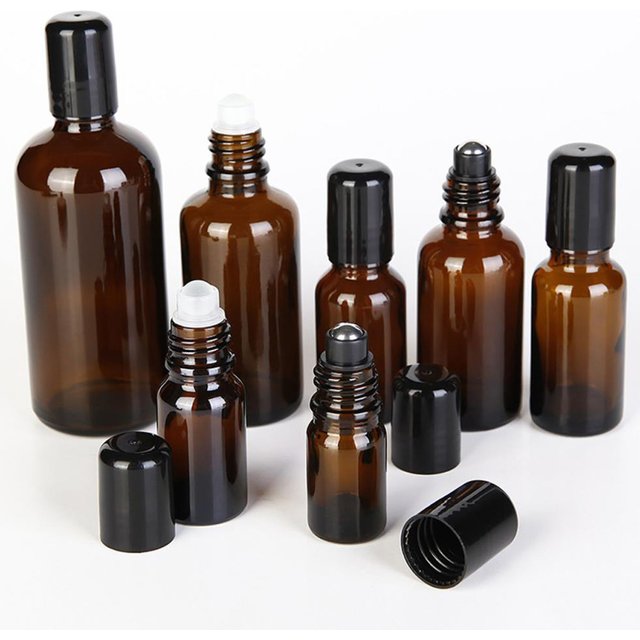 Rouleau de verre épais ambre 5/10/15/30/50/100ml sur rouleau de bouteille de parfum vide d'huile essentielle avec boule en acier inoxydable rechargeable