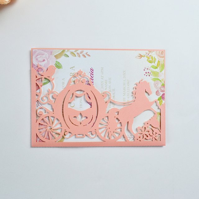Carte d'invitation de poche cendrillon, format chariot, découpé au Laser, couleur rose Blush, Quinceanera
