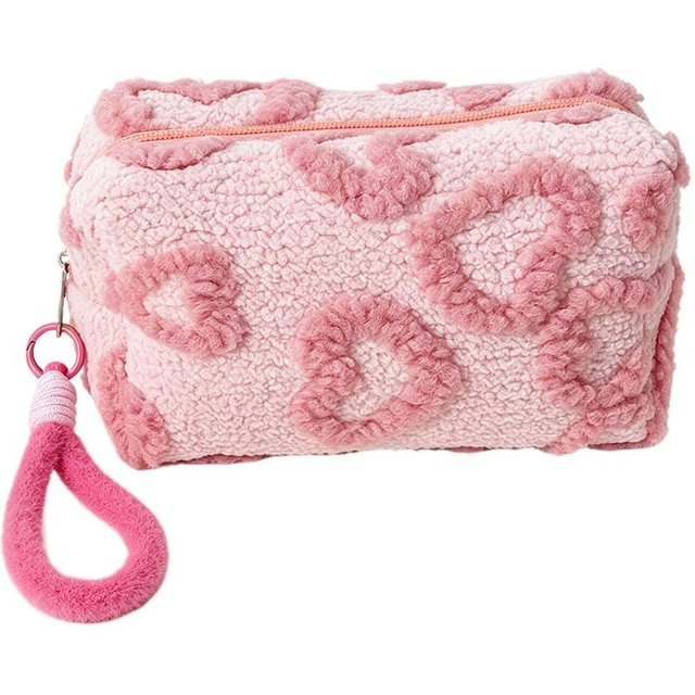 Plush Makeup Bag Travel Cosmetic Case Cute Heart Fluffy Toiletry Pouch Soft Portable Storage Organizer With Handle