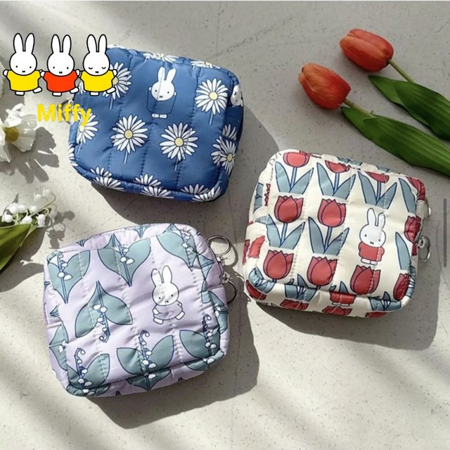 Kawaii Miffy Makeup Bag Japanese-style Flower Rabbit Cartoon Print Square-shaped Pocket Purse for Girls Portable Bag for women