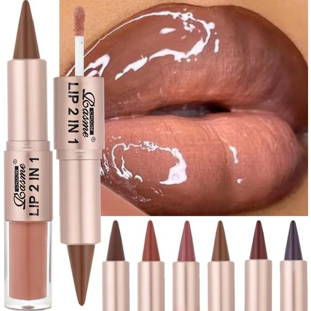 2IN1 Tapered Gradient Lipliner Pen Nude Brown Mirror Glass Lip Gloss Matte Lip Liner Waterproof Lip Contour Non Stick Makeup