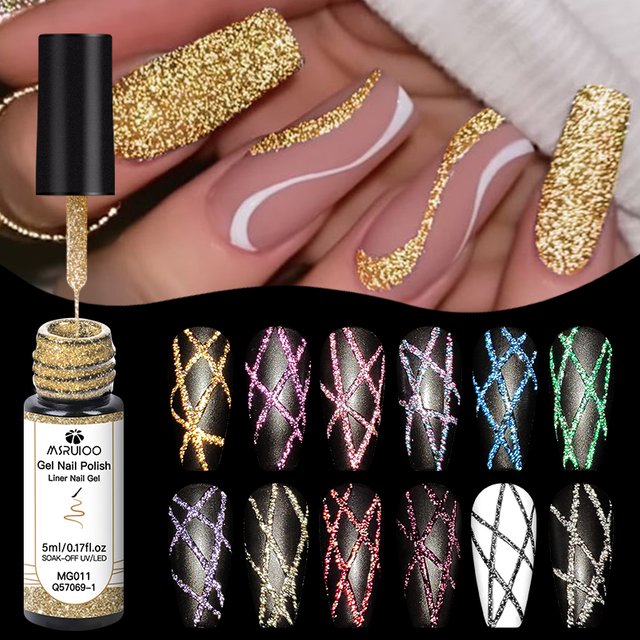 Gold Silver Reflective Glitter Liner Gel Nail Polish Pull Line Graffiti Painting Stripe DIY French Nails Art Design Drawing Gel